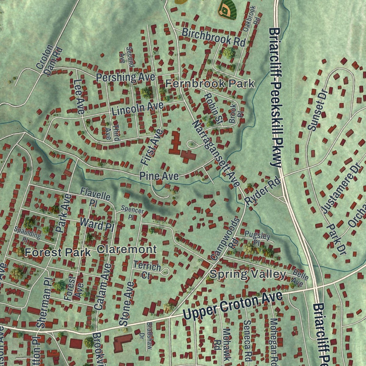 Close-up of the map of the Village of Ossining, New York print showing street and building detail