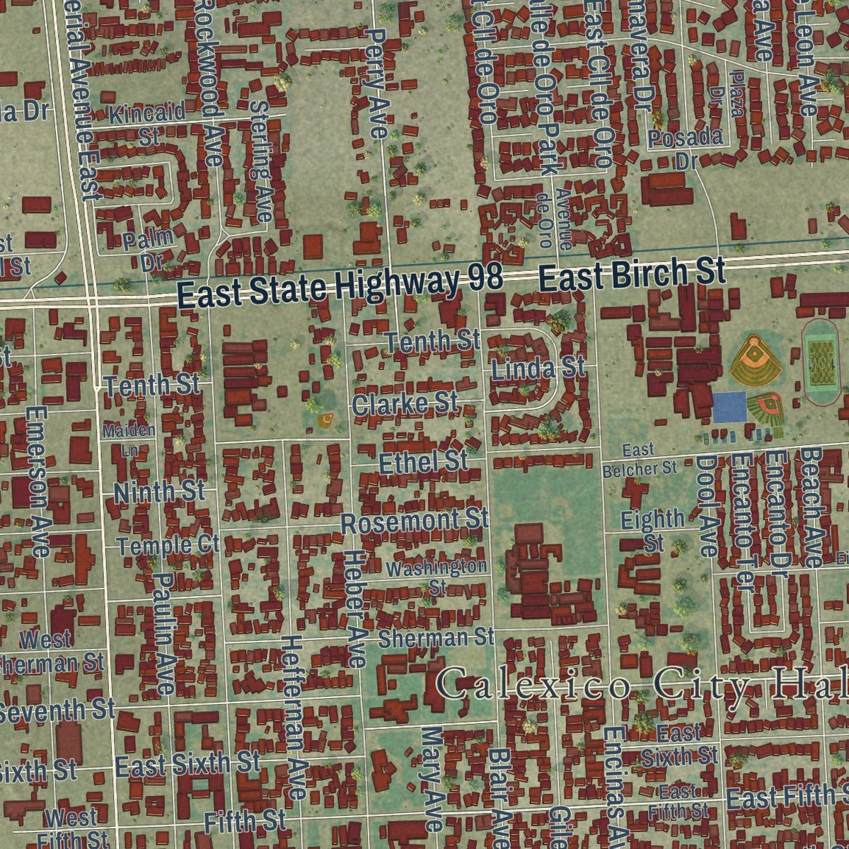 Close-up of the map of Calexico, California print showing street and building detail