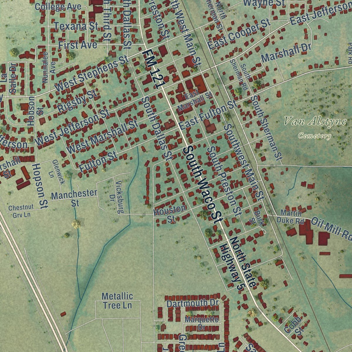 Close-up of the map of Van Alstyne, Texas print showing street and building detail