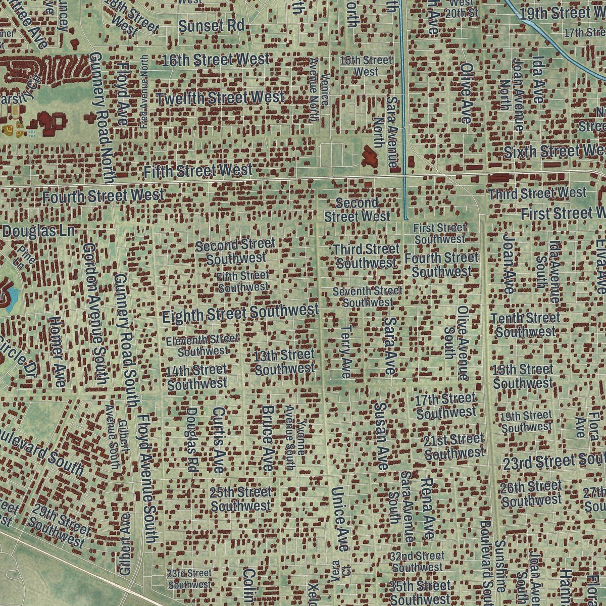 Close-up of the map of Lehigh Acres, Florida print showing street and building detail
