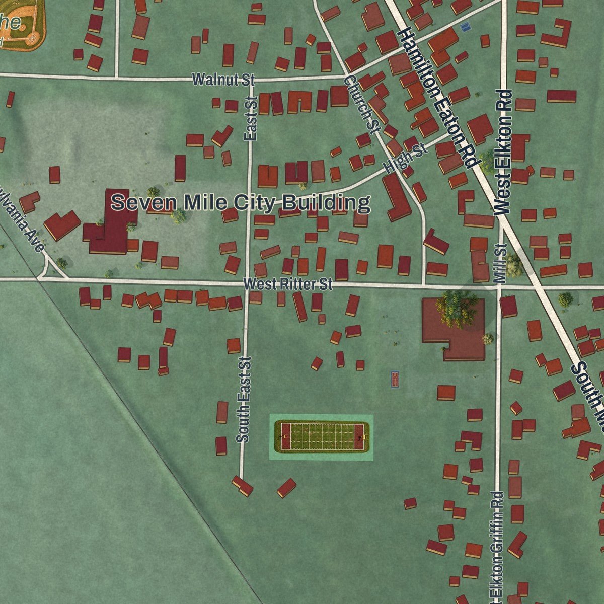 Close-up of the map of Seven Mile, Ohio print showing street and building detail