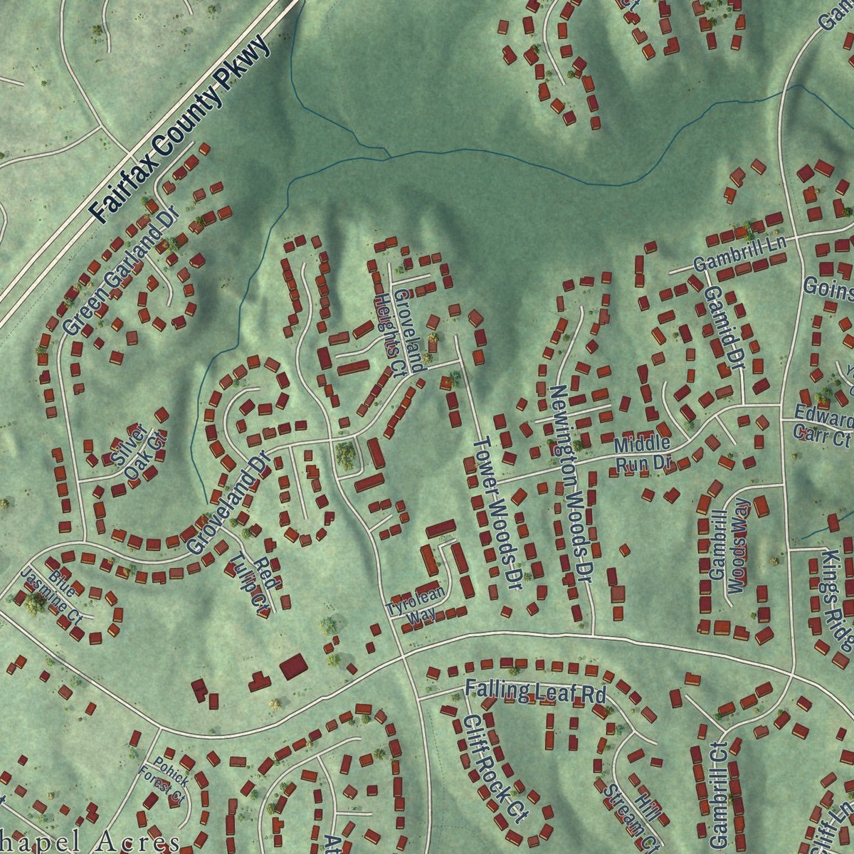 Close-up of the map of Newington Forest, Virginia print showing street and building detail