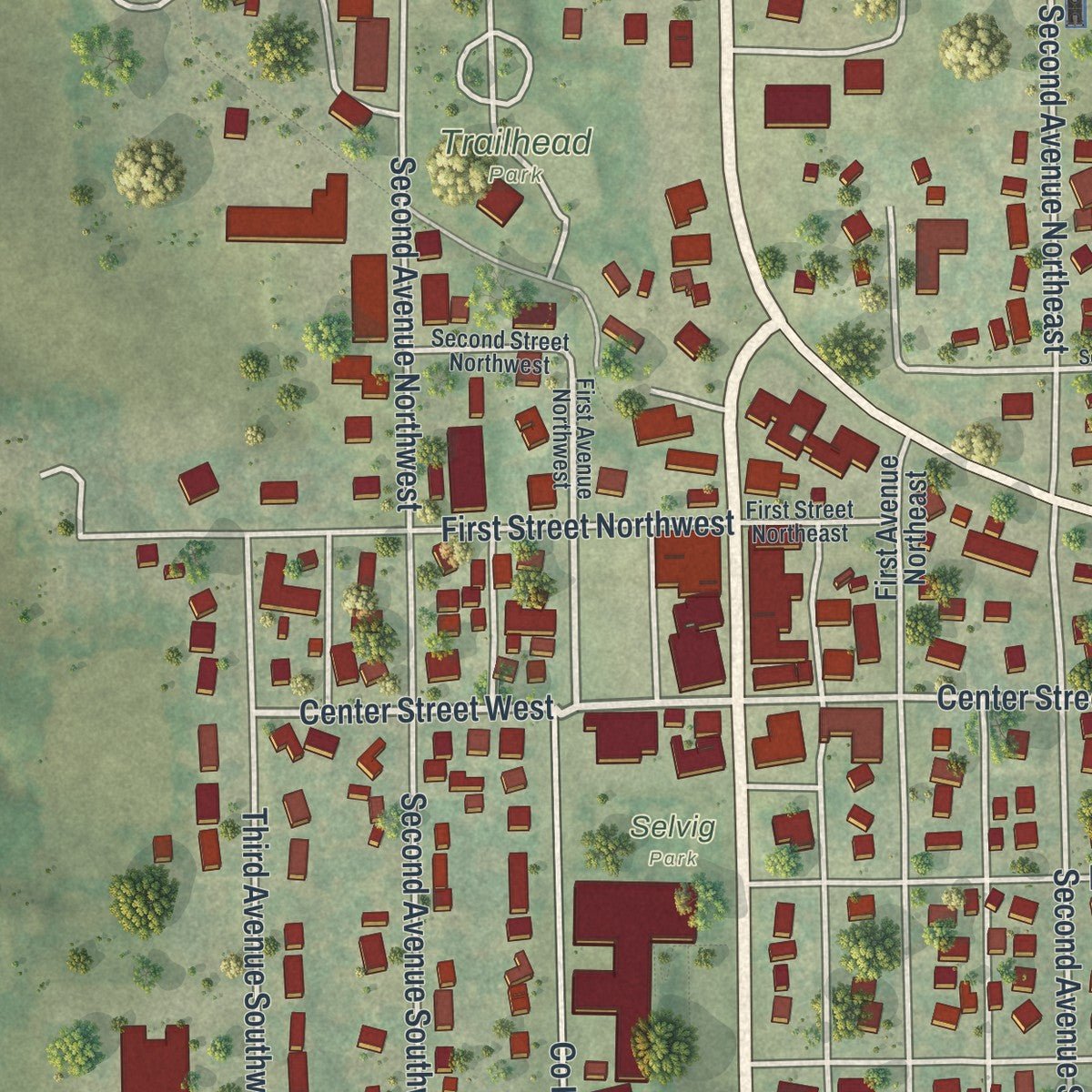 Close-up of the map of Harmony, Minnesota print showing street and building detail