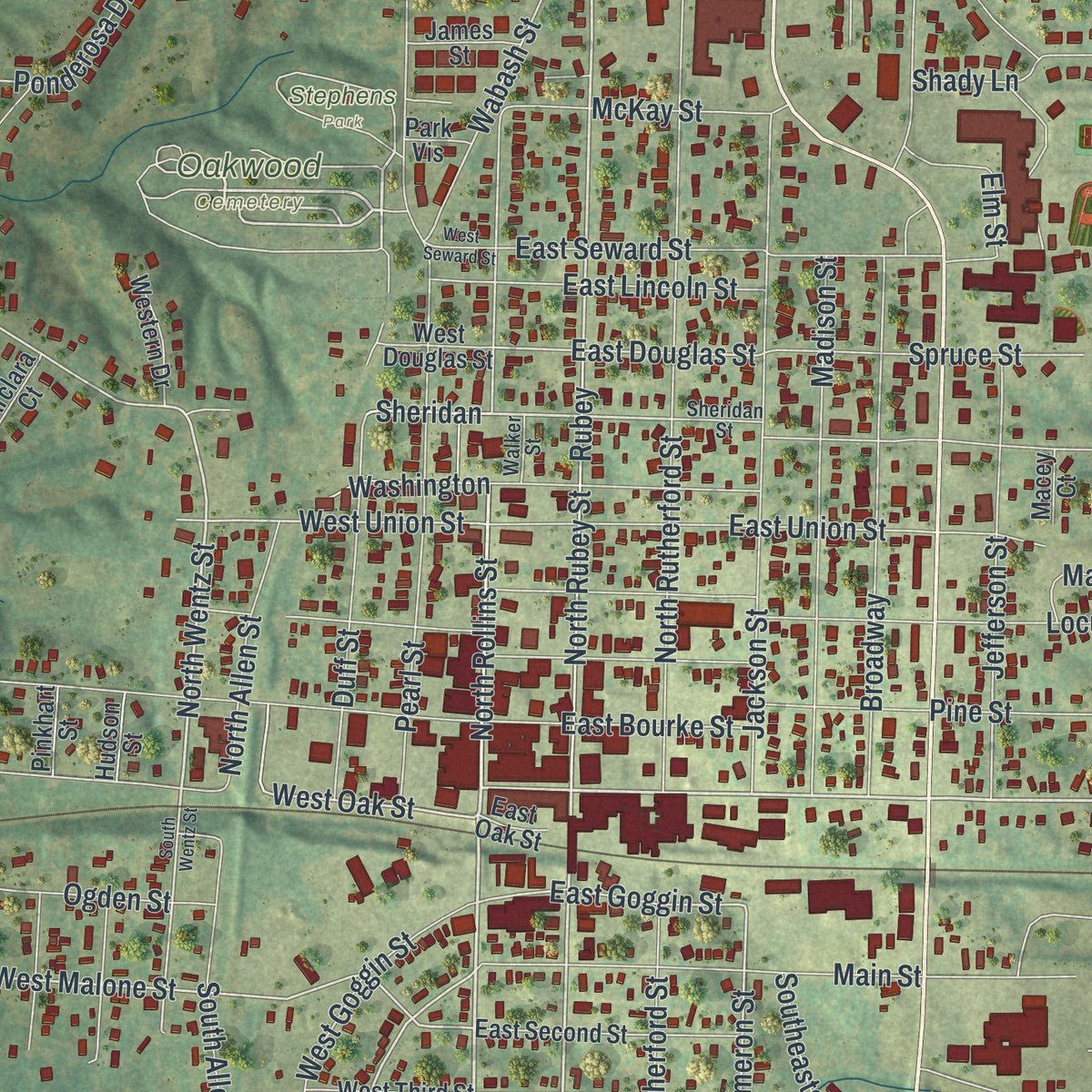 Close-up of the map of Macon, Missouri print showing street and building detail