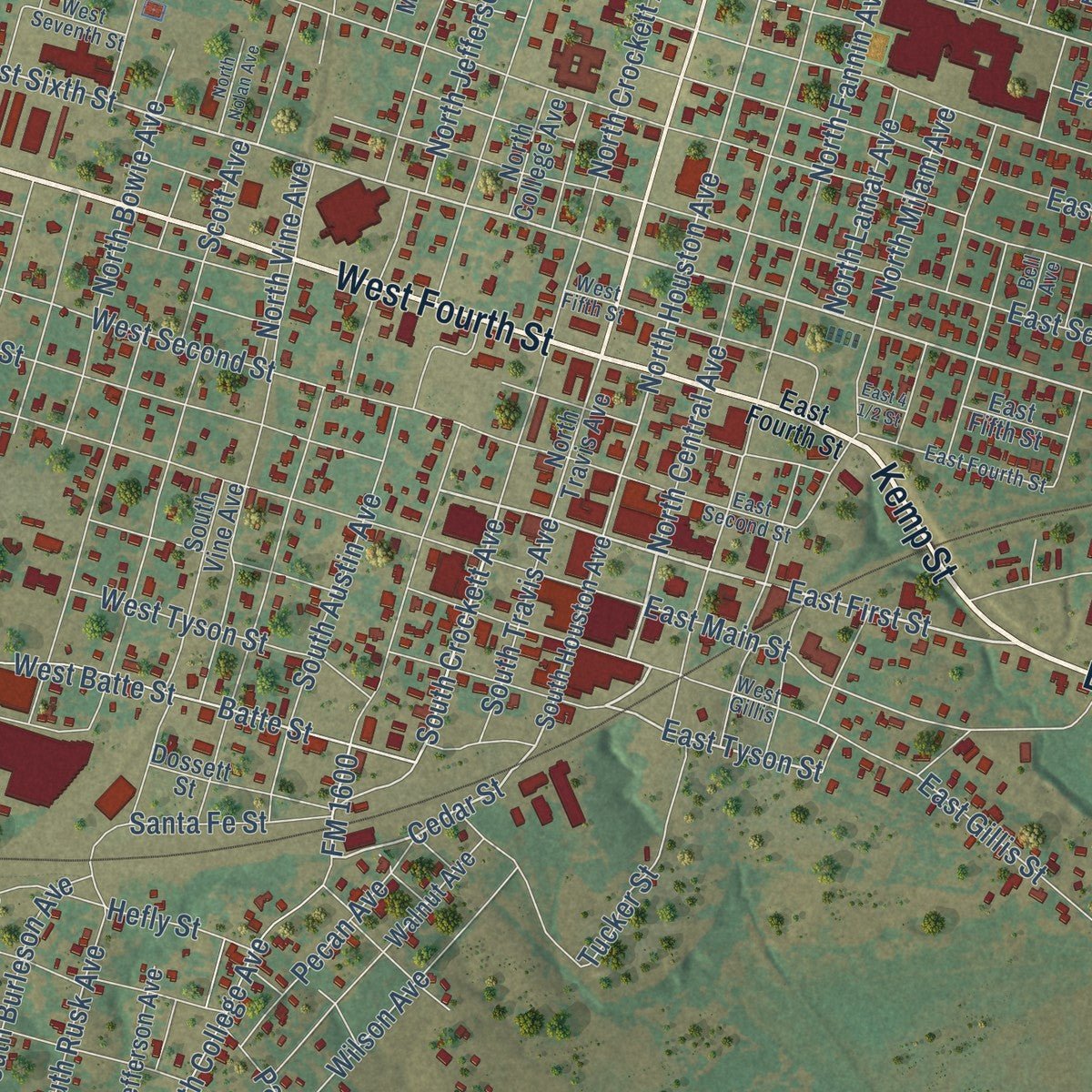 Close-up of the map of Cameron, Texas print showing street and building detail