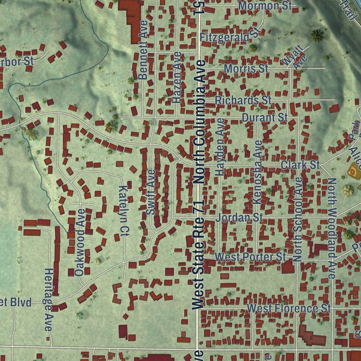 Close-up of the map of Oglesby, Illinois print showing street and building detail