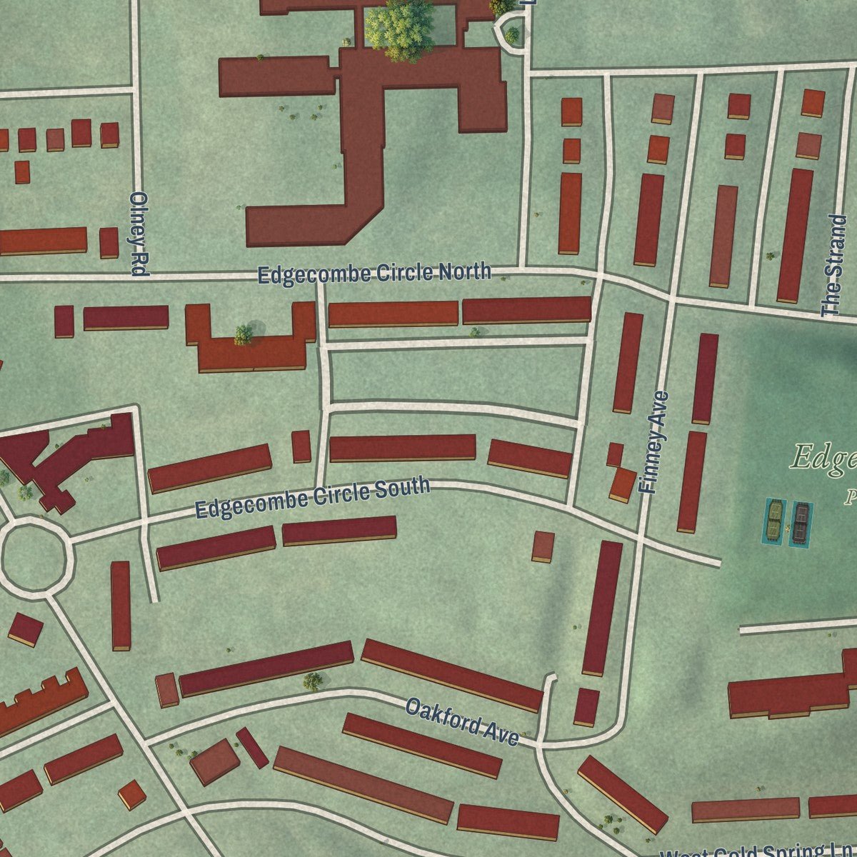 Close-up of the map of Parklane, Maryland print showing street and building detail