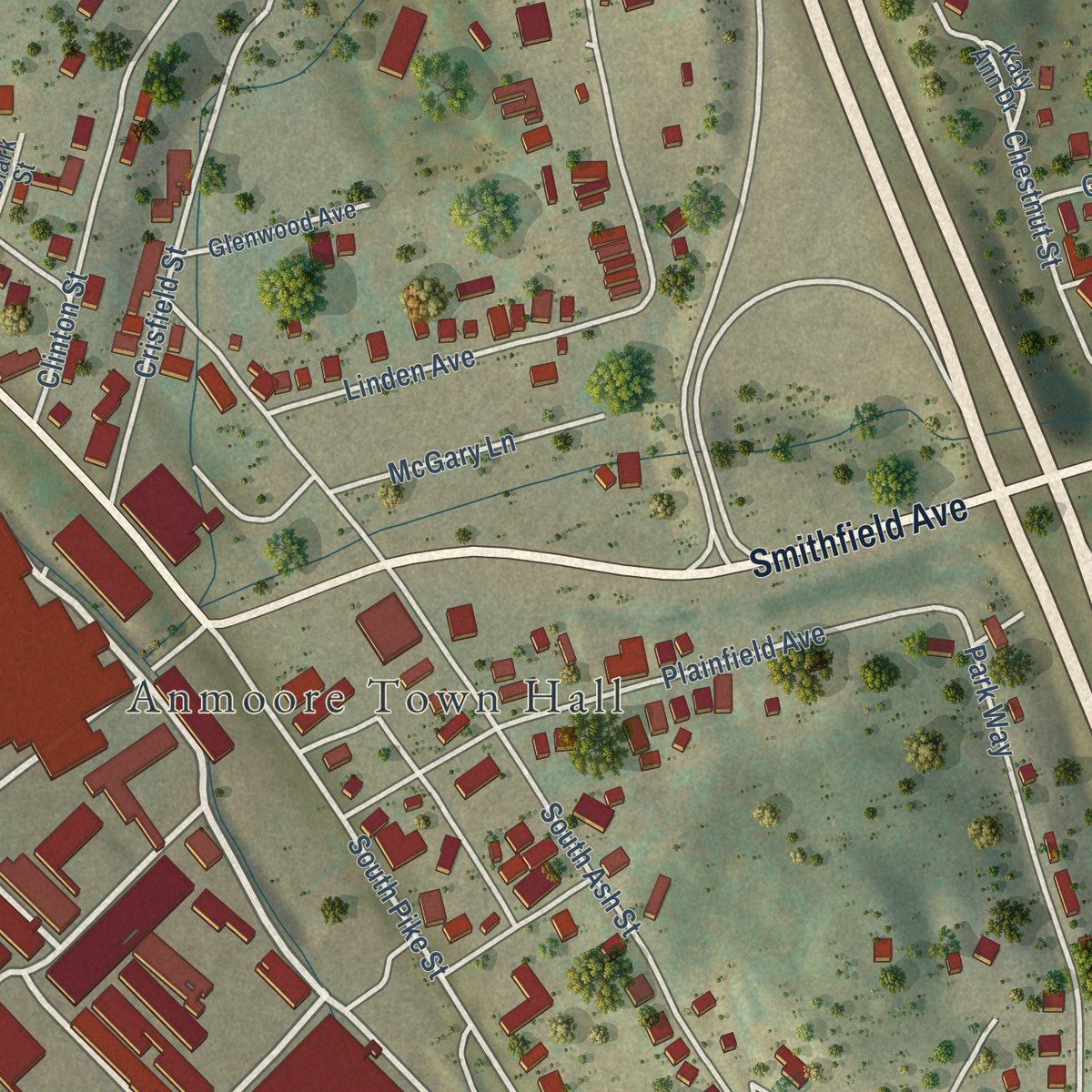 Close-up of the map of Anmoore, West Virginia print showing street and building detail