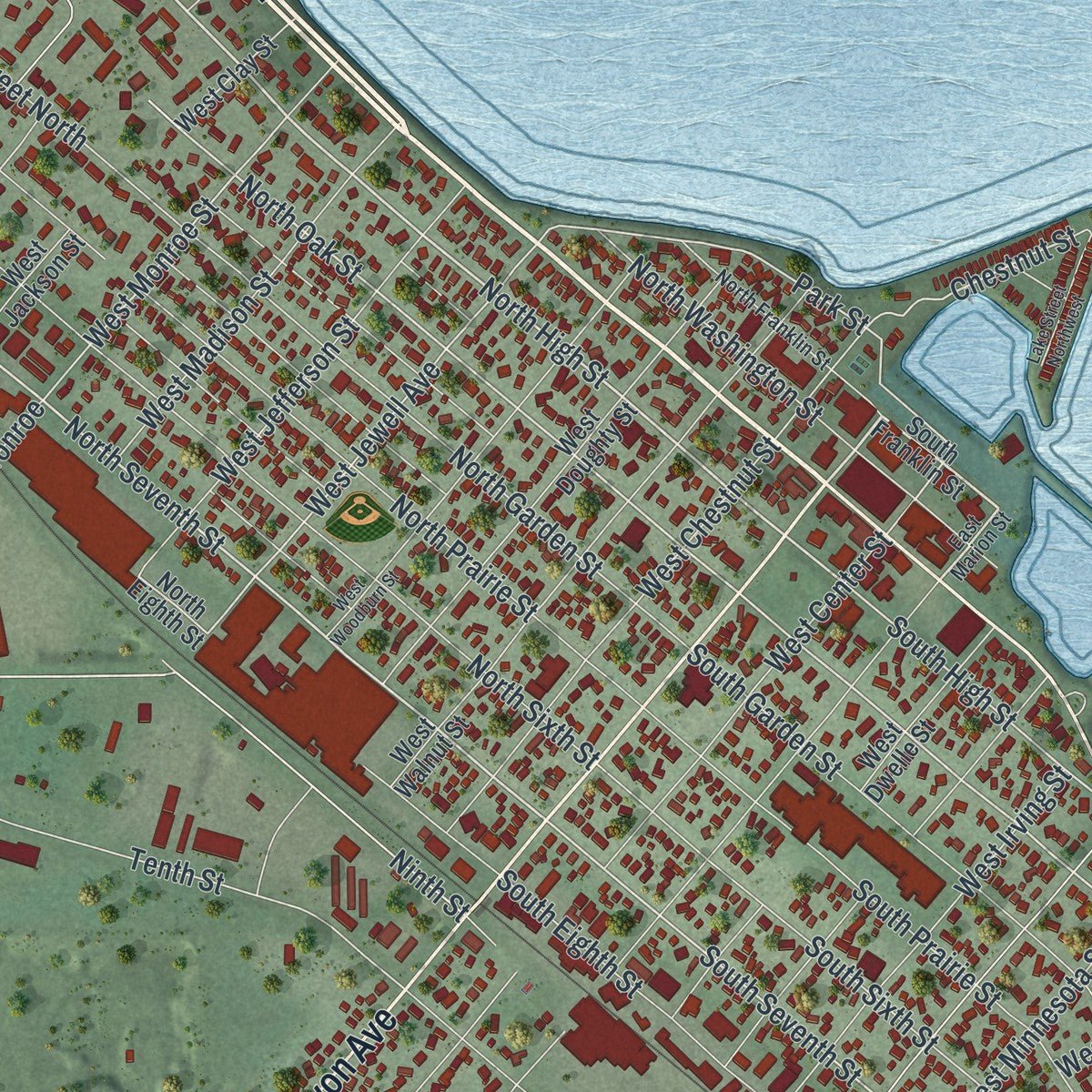 Close-up of the map of Lake City, Minnesota print showing street and building detail