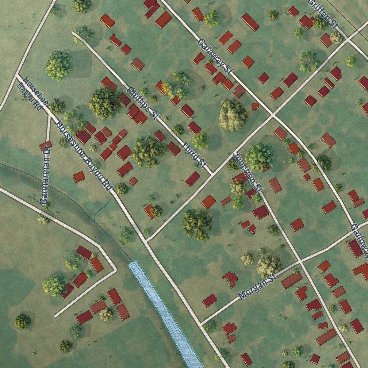 Close-up of the map of Metcalfe, Mississippi print showing street and building detail