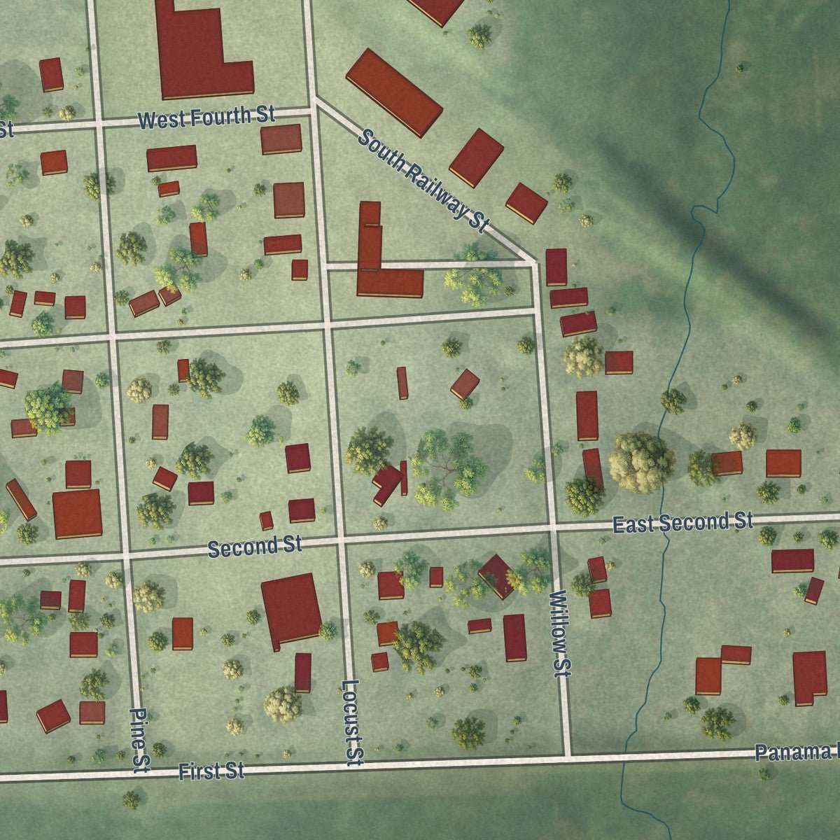 Close-up of the map of Panama, Nebraska print showing street and building detail