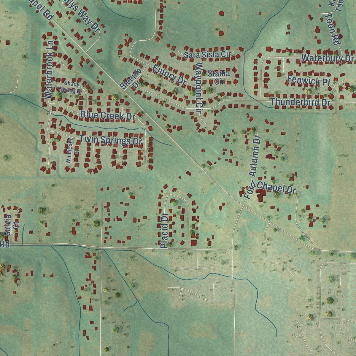 Close-up of the map of Harvest, Alabama print showing street and building detail
