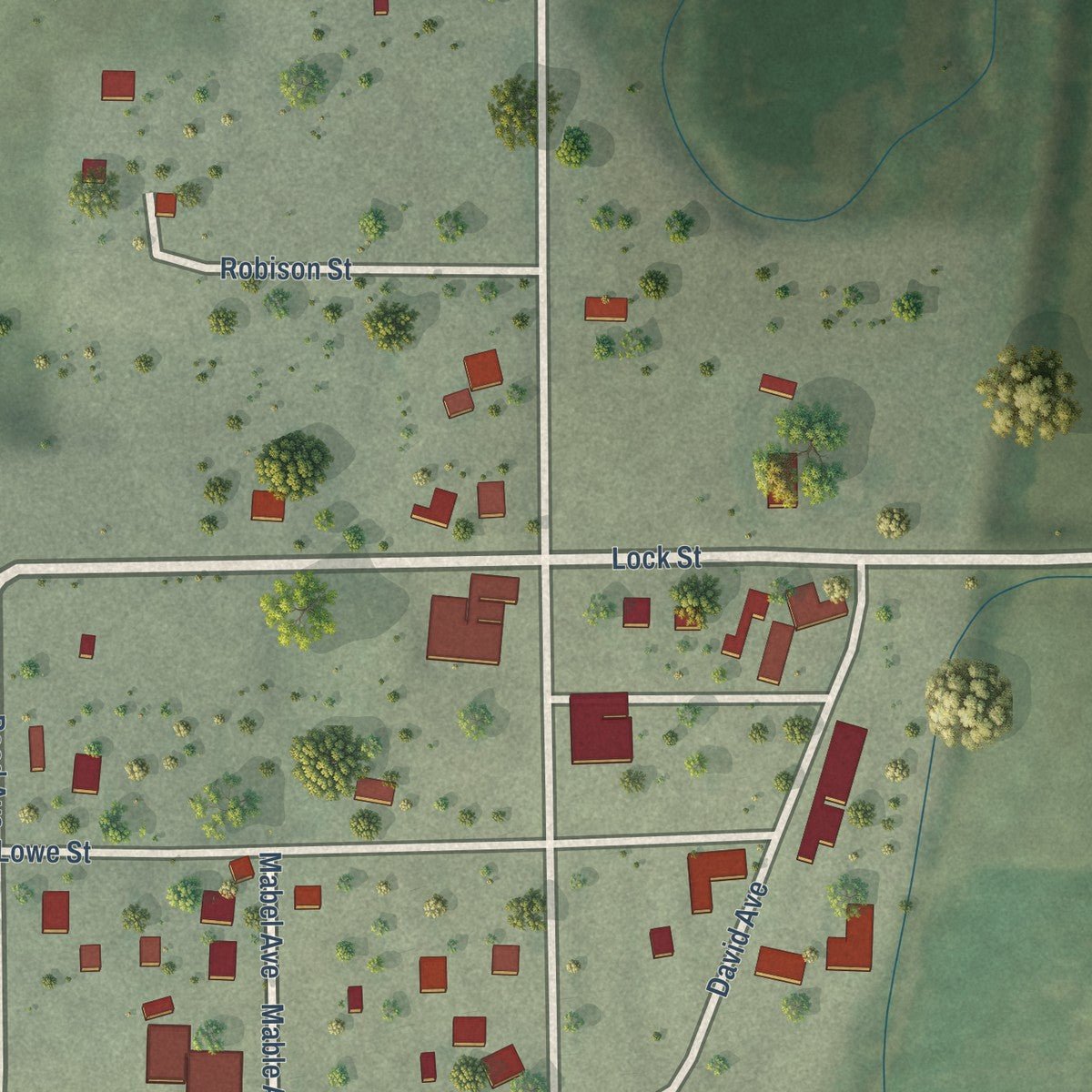 Close-up of the map of Huntley, Nebraska print showing street and building detail