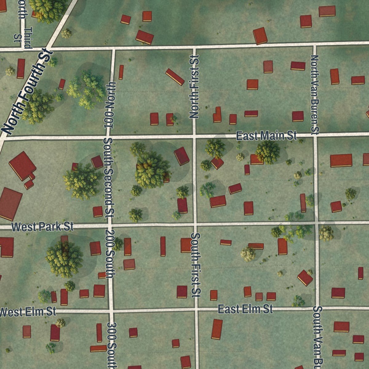Close-up of the map of Browning, Missouri print showing street and building detail