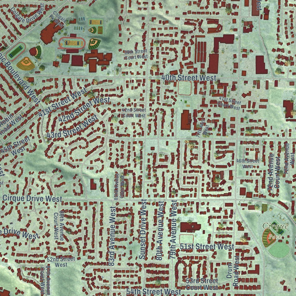 Close-up of the map of University Place, Washington print showing street and building detail