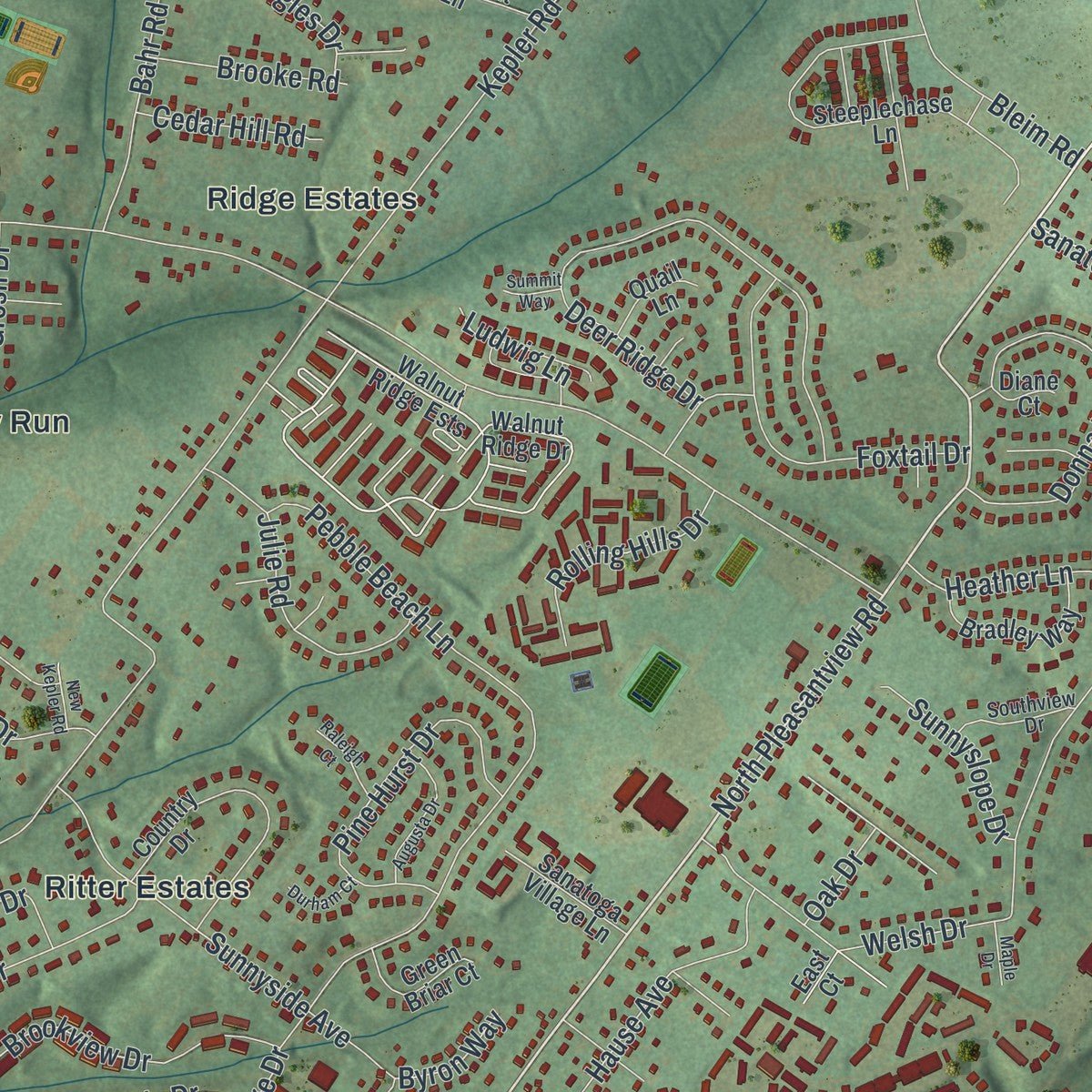 Close-up of the map of Lower Pottsgrove, Pennsylvania print showing street and building detail