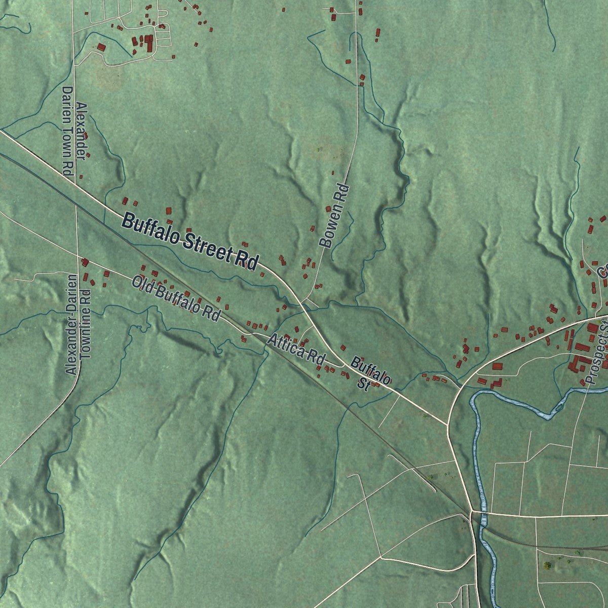 Close-up of the map of Alexander, New York print showing street and building detail