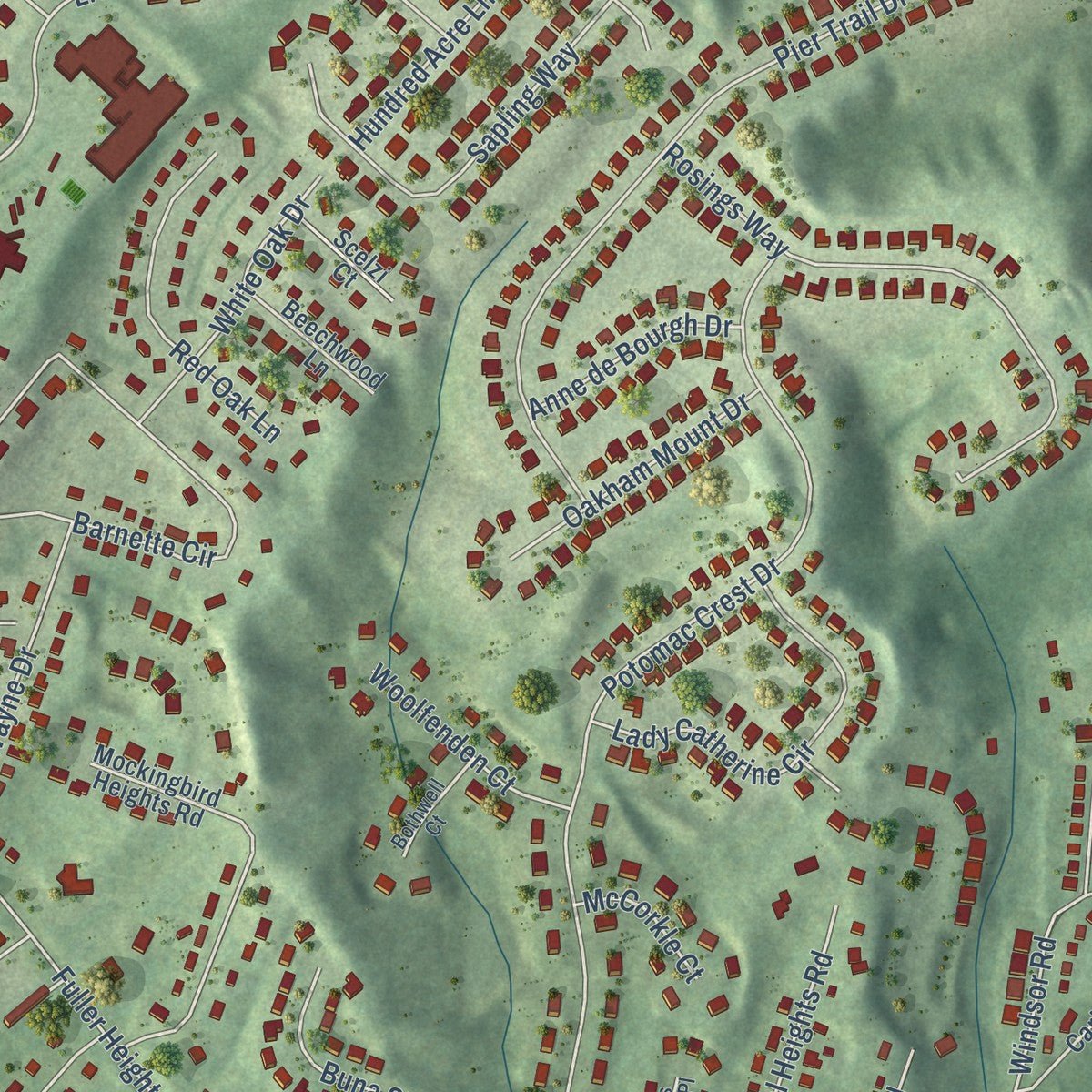 Close-up of the map of Triangle, Virginia print showing street and building detail
