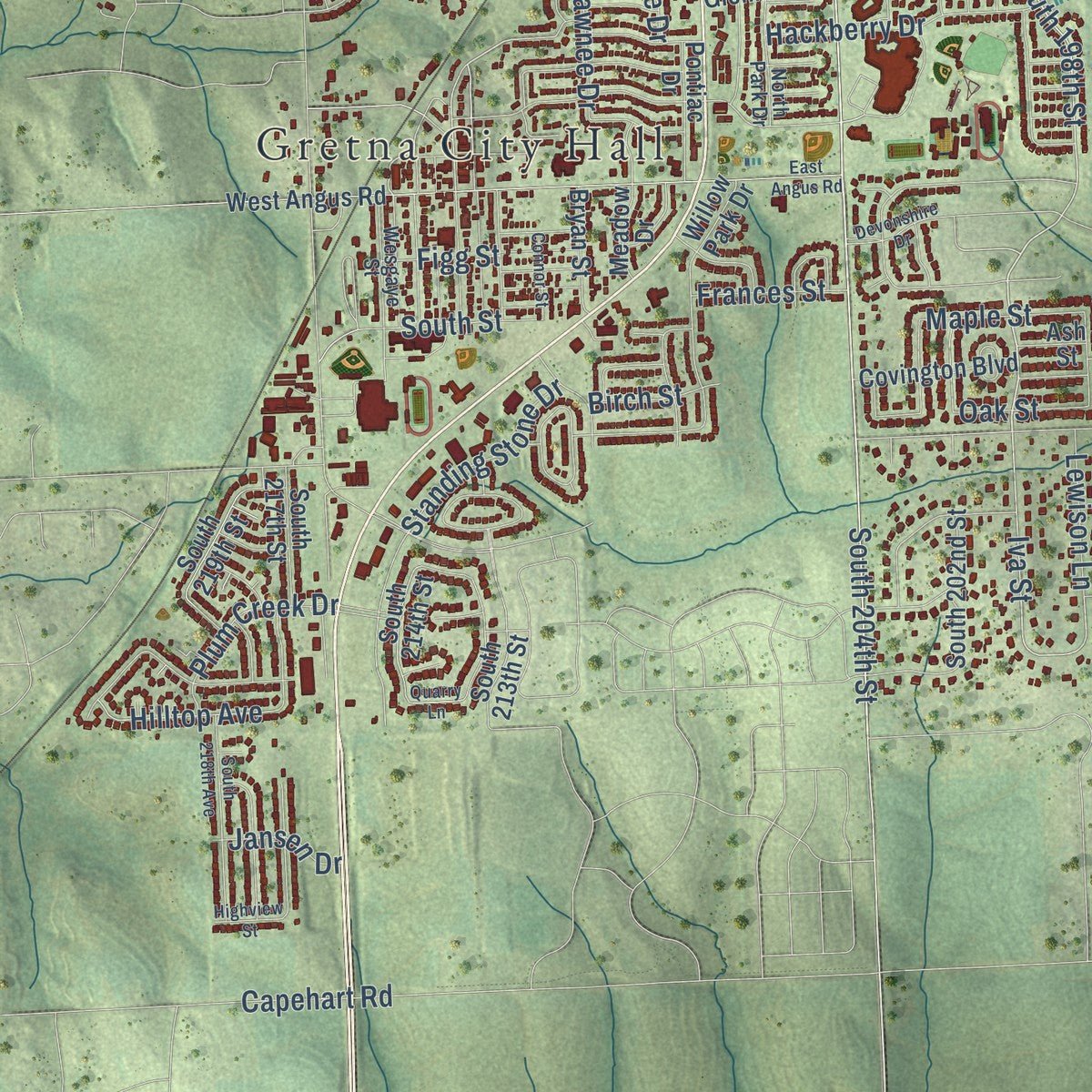 Close-up of the map of Gretna, Nebraska print showing street and building detail
