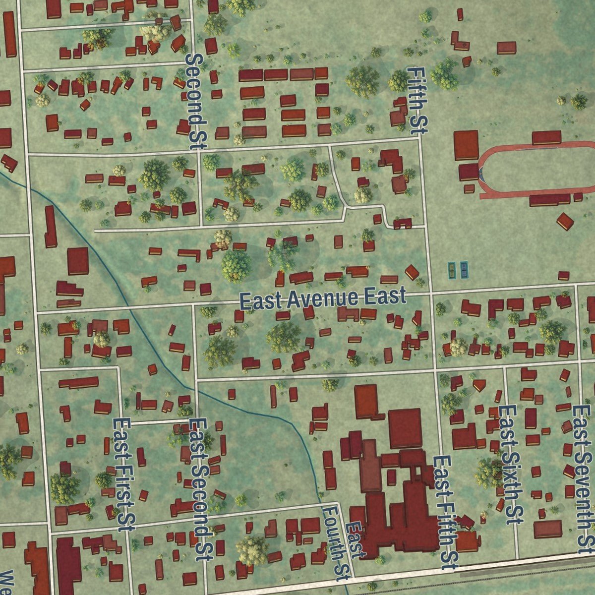 Close-up of the map of Hooks, Texas print showing street and building detail