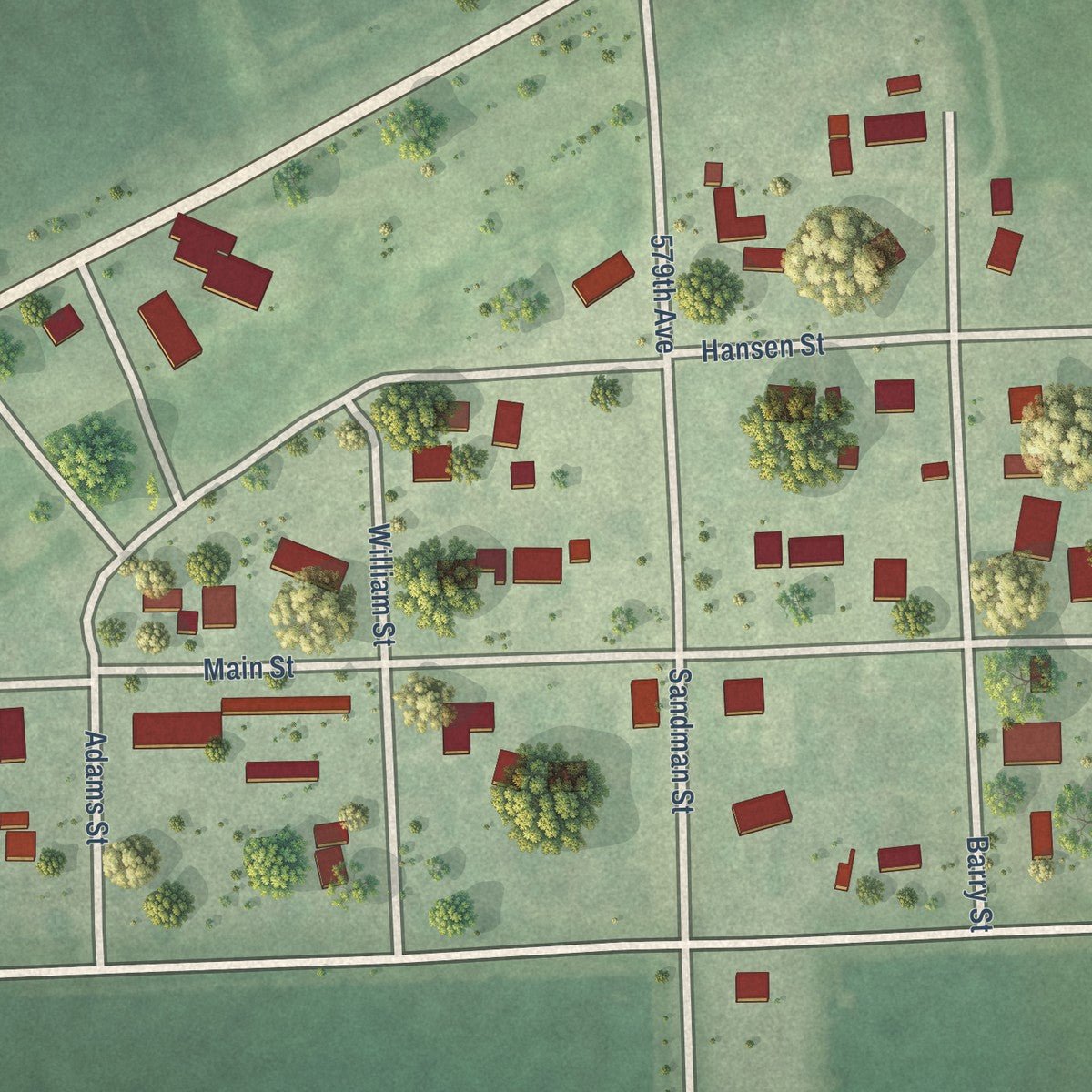 Close-up of the map of Harbine, Nebraska print showing street and building detail