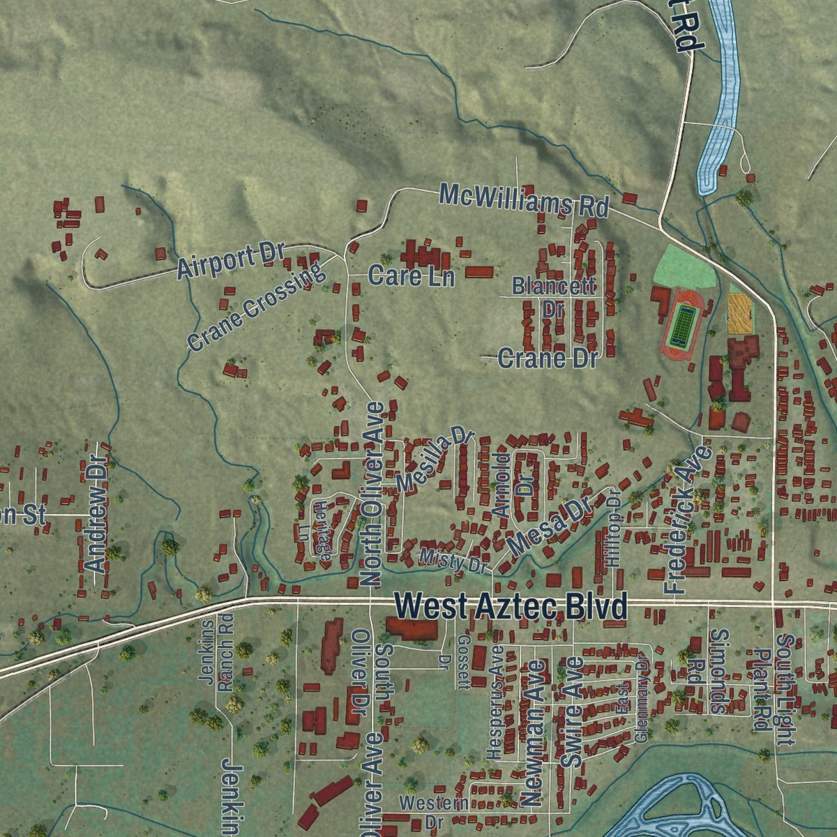 Close-up of the map of Aztec, New Mexico print showing street and building detail