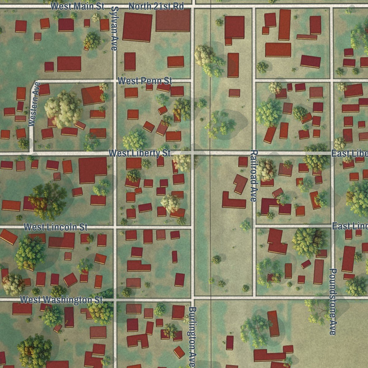 Close-up of the map of Grand Ridge, Illinois print showing street and building detail