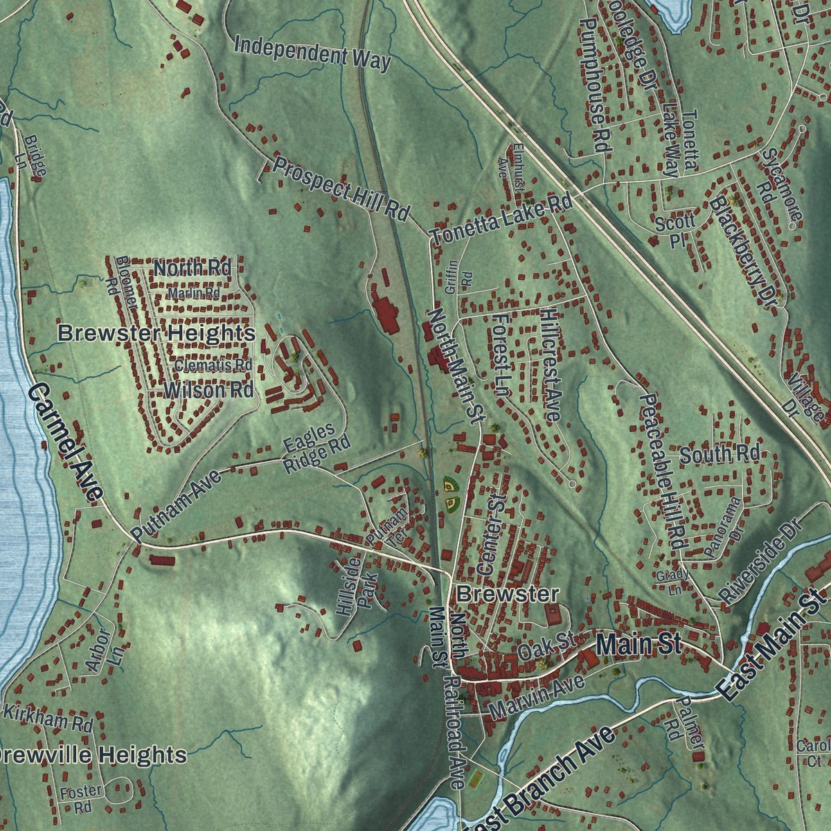 Close-up of the map of Southeast, New York print showing street and building detail