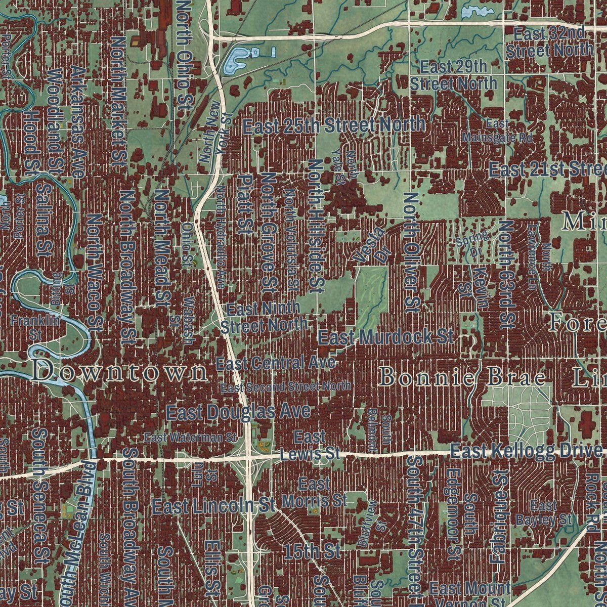 Close-up of the map of Wichita, Kansas print showing street and building detail