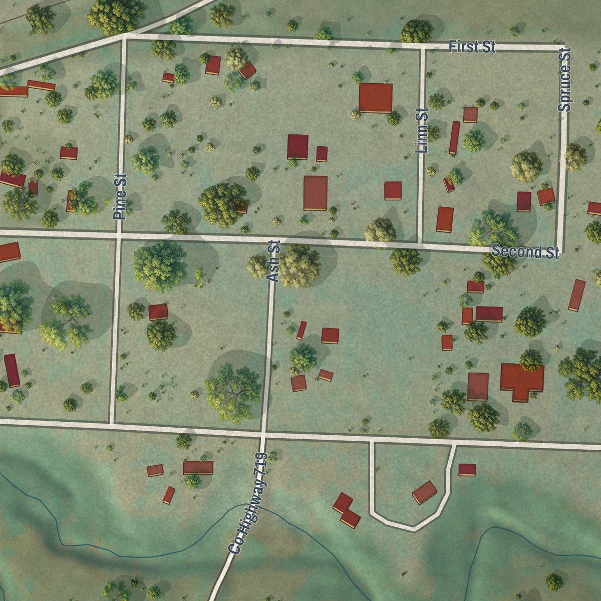Close-up of the map of Fairburn, South Dakota print showing street and building detail