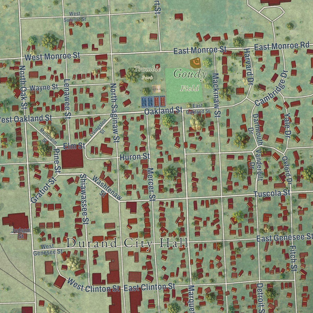 Close-up of the map of Durand, Michigan print showing street and building detail