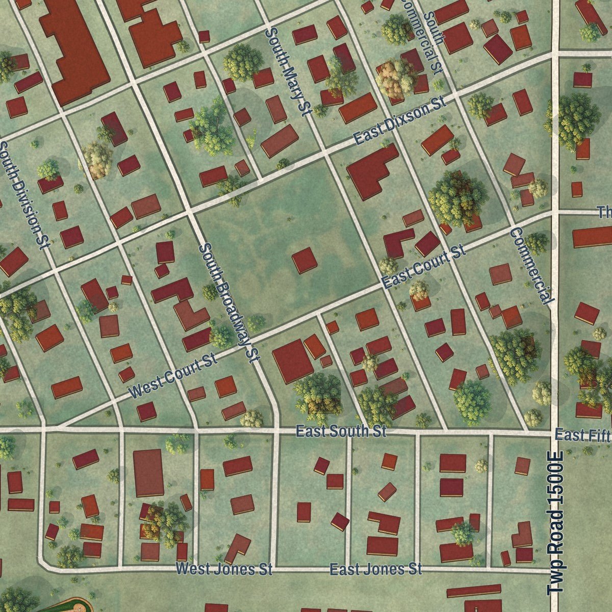 Close-up of the map of Stronghurst, Illinois print showing street and building detail