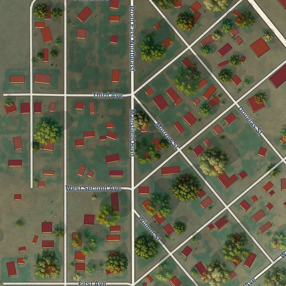 Close-up of the map of Mansfield, Washington print showing street and building detail