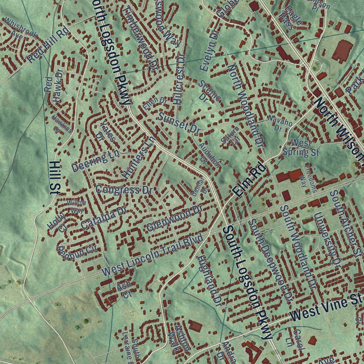 Close-up of the map of Radcliff, Kentucky print showing street and building detail