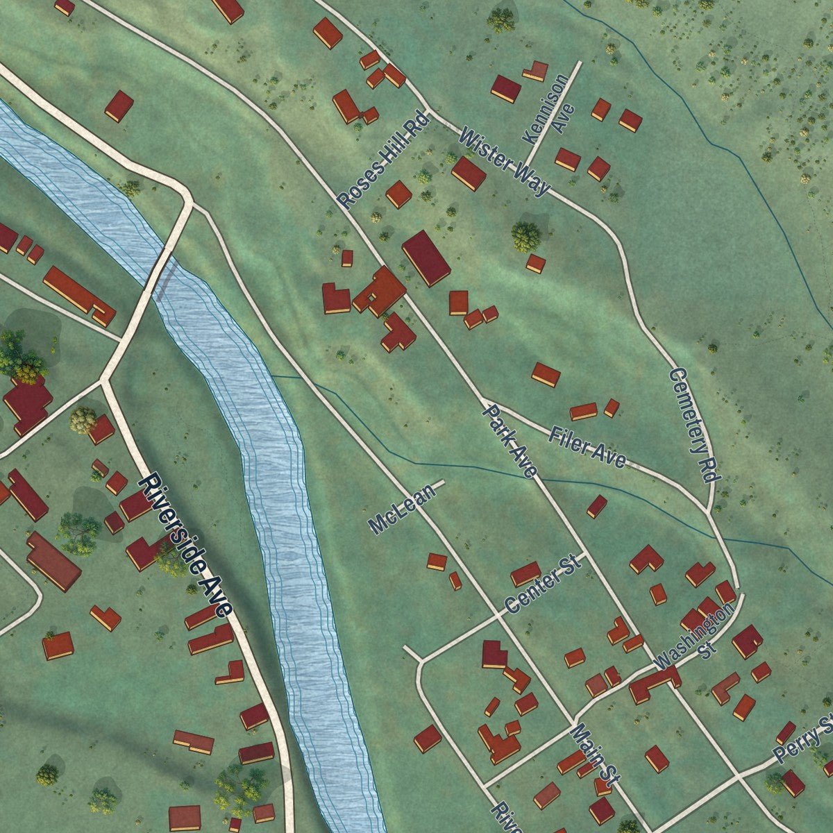Close-up of the map of Winthrop, Washington print showing street and building detail