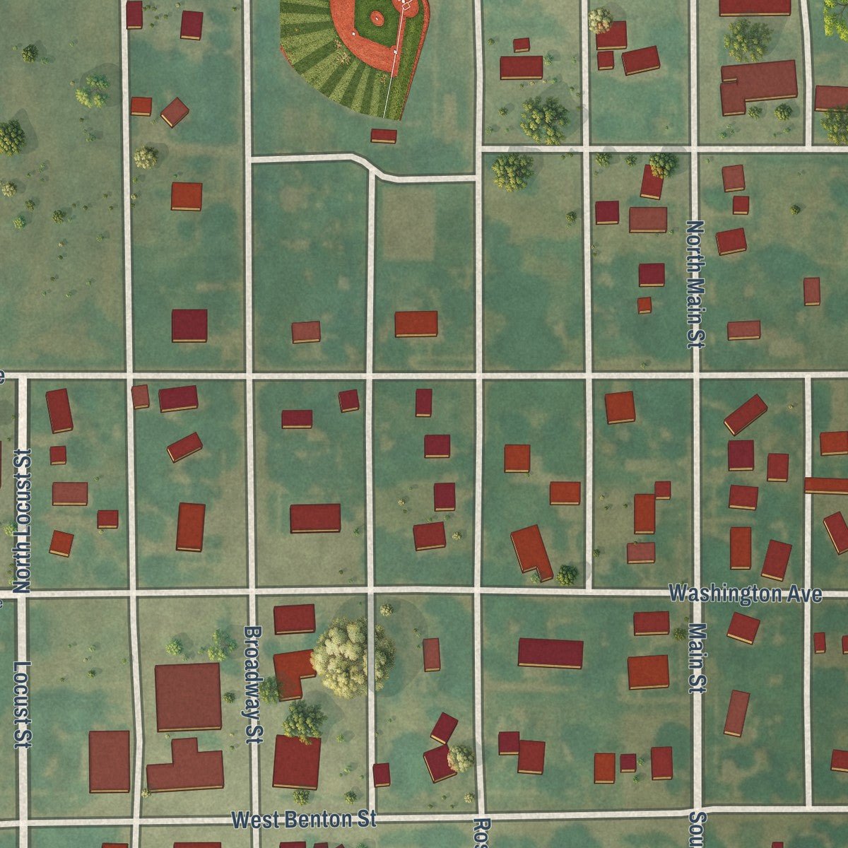Close-up of the map of Sharon, Kansas print showing street and building detail