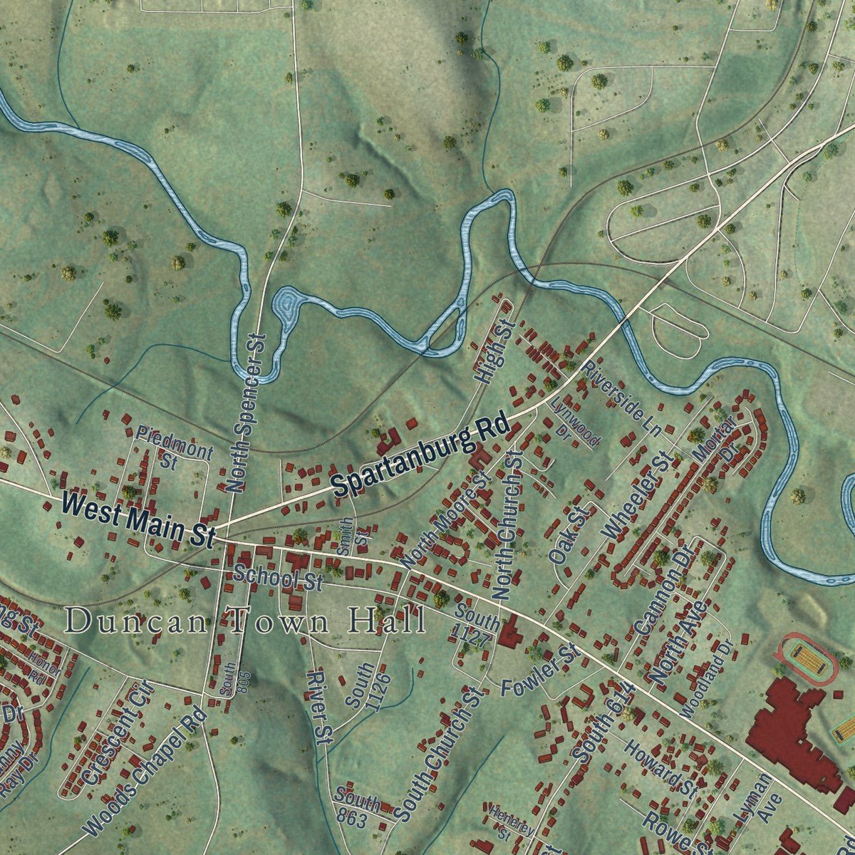 Close-up of the map of Duncan, South Carolina print showing street and building detail