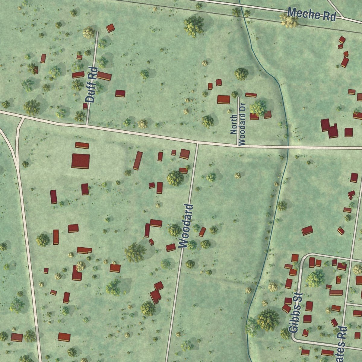 Close-up of the map of Devers, Texas print showing street and building detail