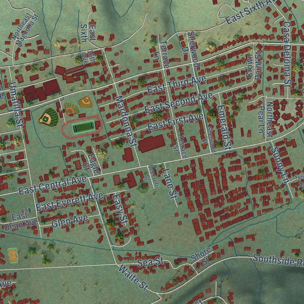 Close-up of the map of Sutherlin, Oregon print showing street and building detail