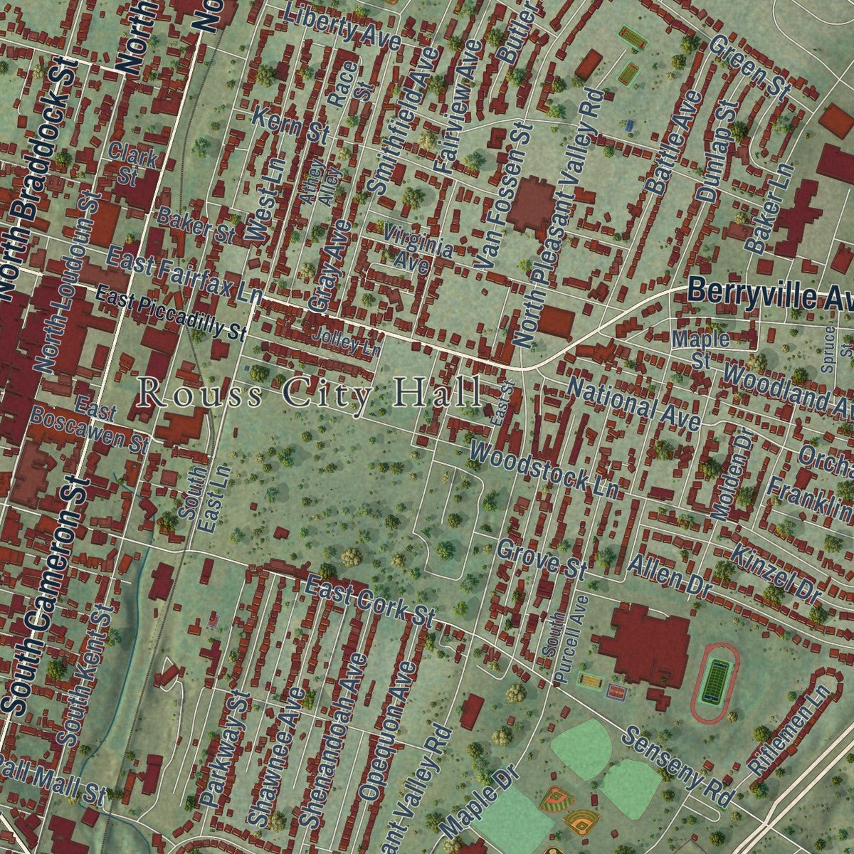 Close-up of the map of Winchester, Virginia print showing street and building detail
