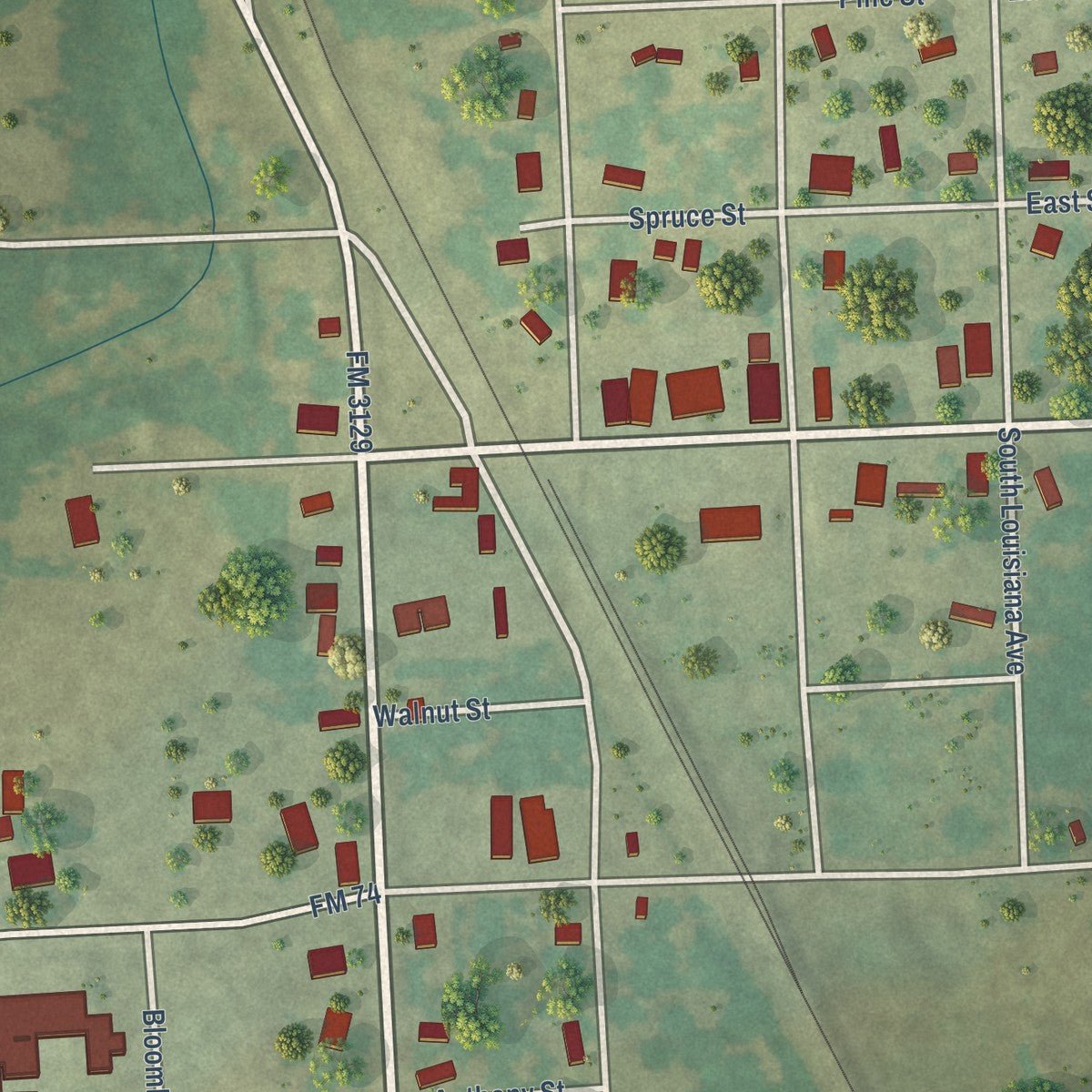 Close-up of the map of Bloomburg, Texas print showing street and building detail