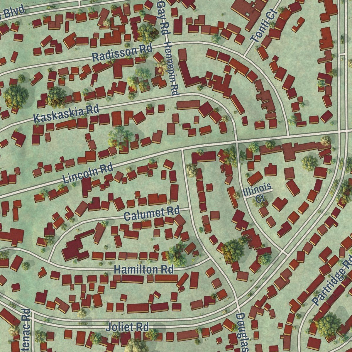 Close-up of the map of Marquette Heights, Illinois print showing street and building detail