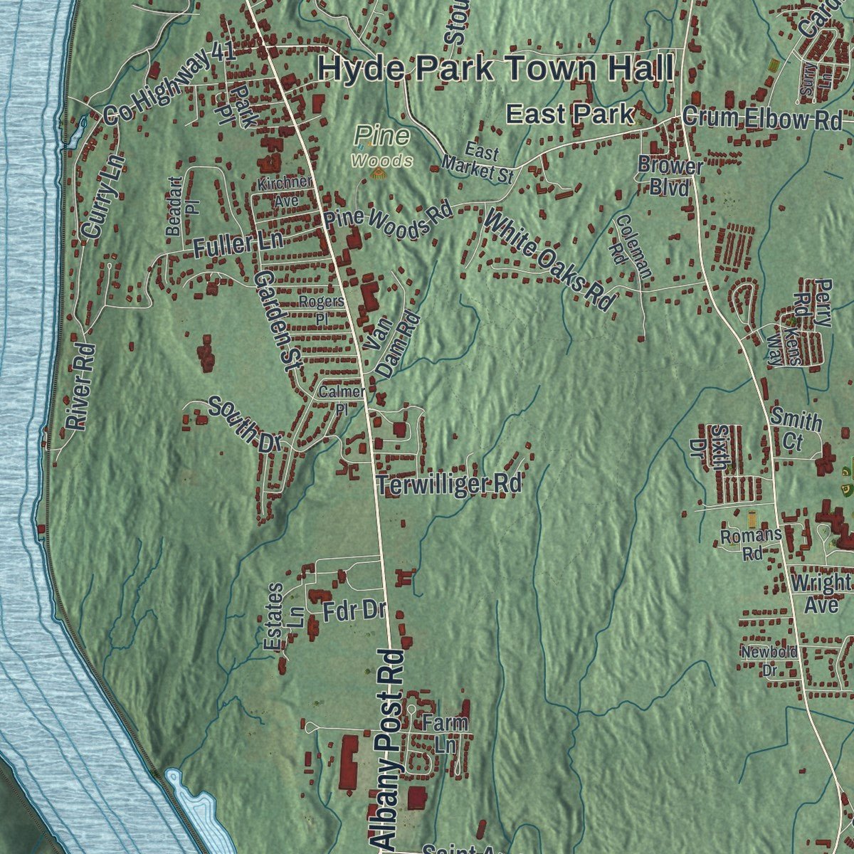 Close-up of the map of Hyde Park, New York print showing street and building detail