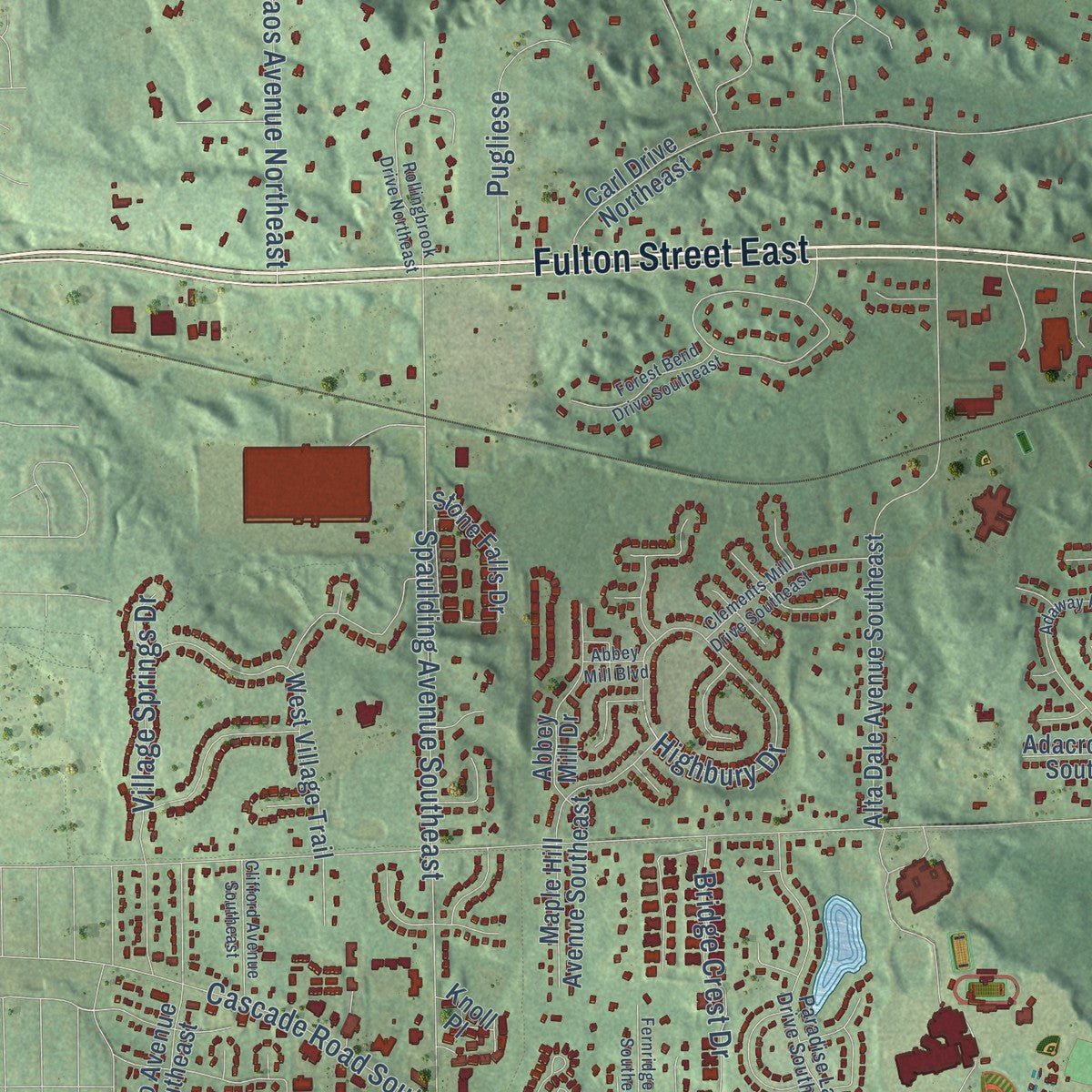 Close-up of the map of Ada, Michigan print showing street and building detail