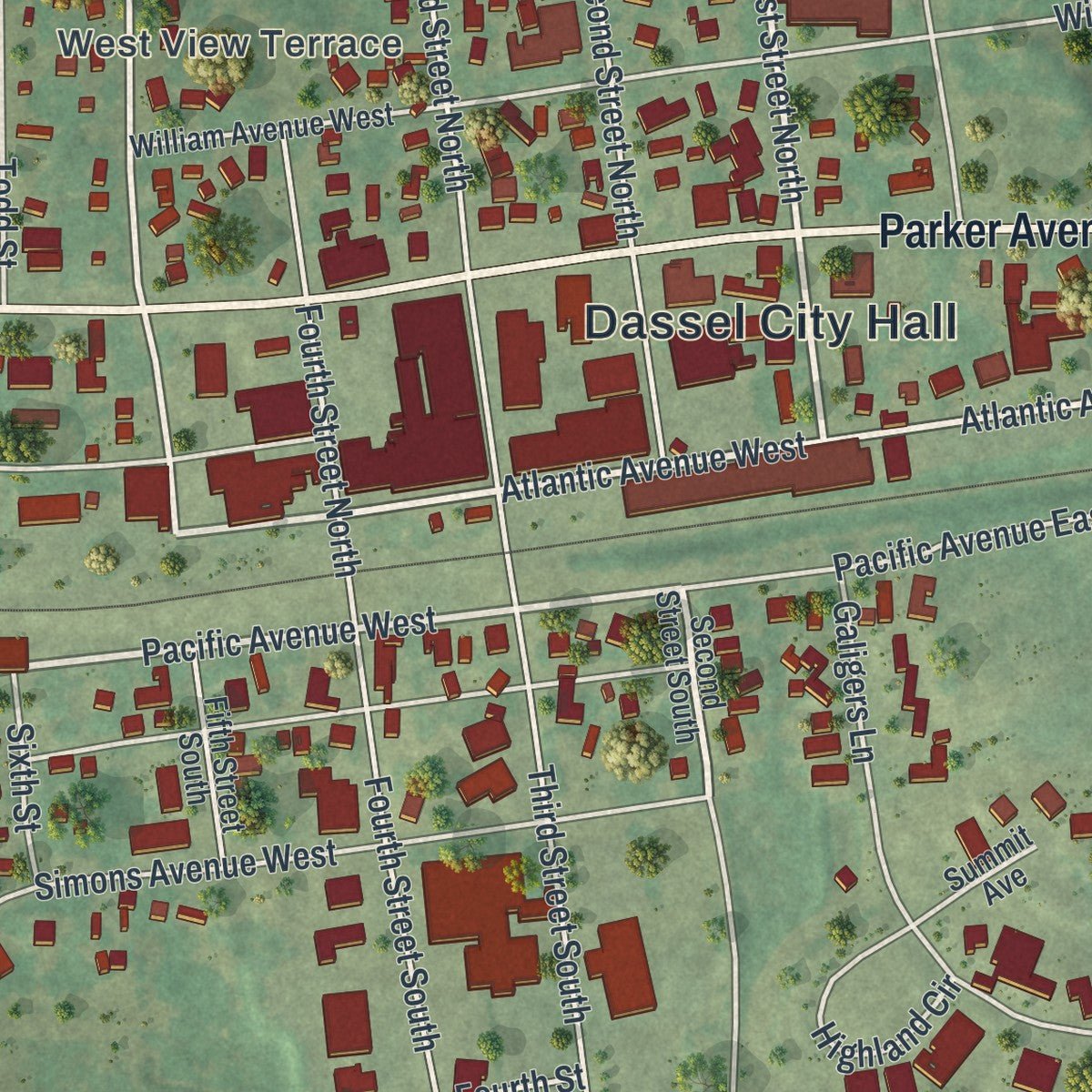 Close-up of the map of Dassel, Minnesota print showing street and building detail