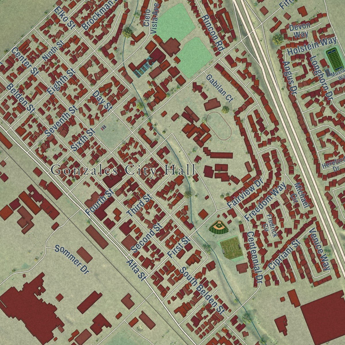 Close-up of the map of Gonzales, California print showing street and building detail
