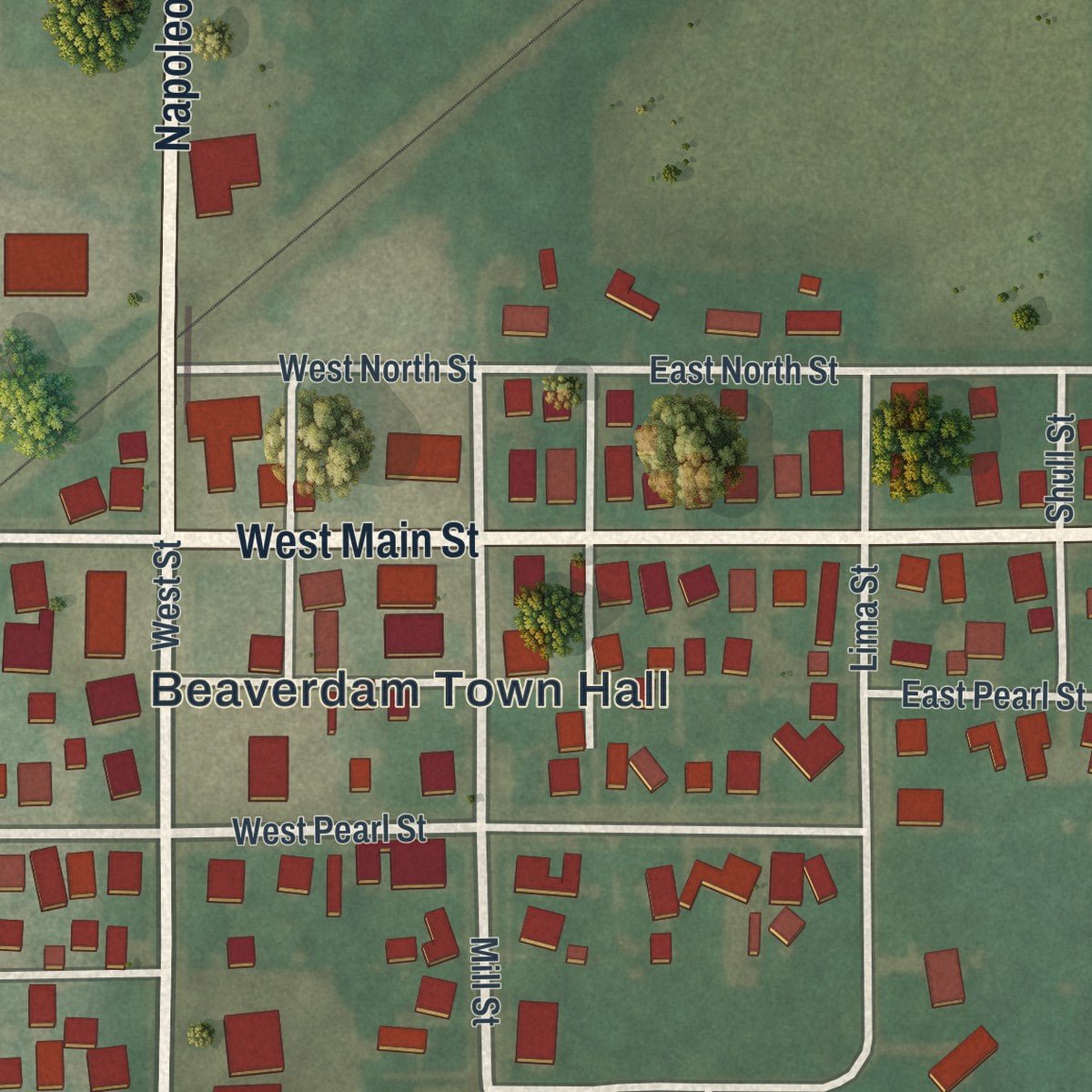 Close-up of the map of Beaverdam, Ohio print showing street and building detail