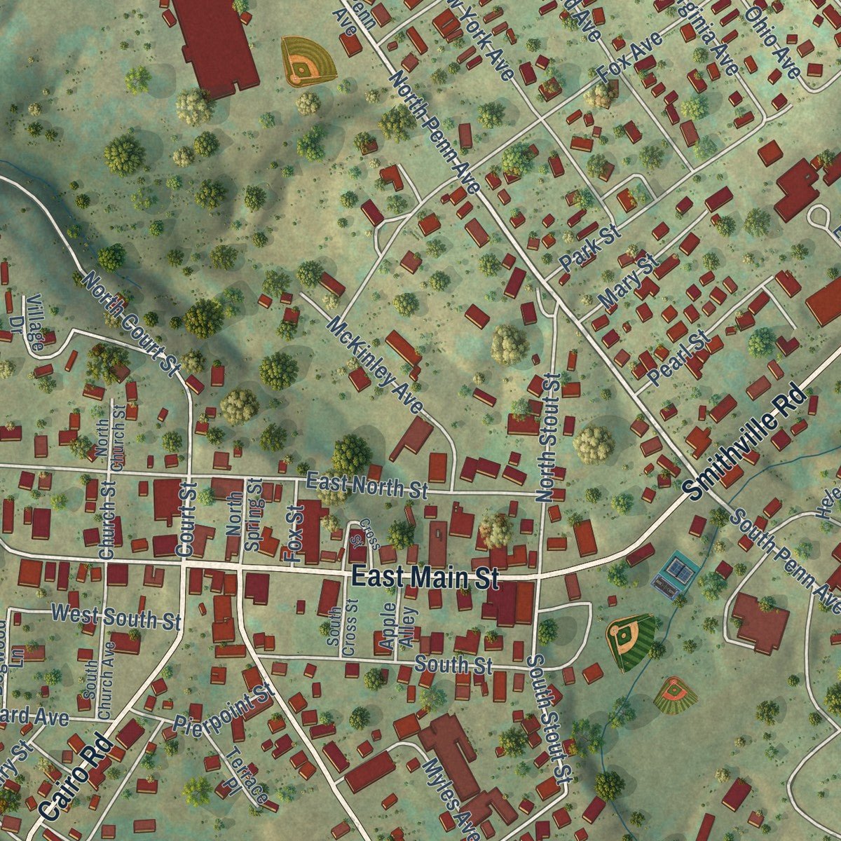 Close-up of the map of Harrisville, West Virginia print showing street and building detail