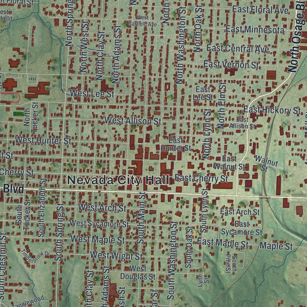 Close-up of the map of Nevada, Missouri print showing street and building detail