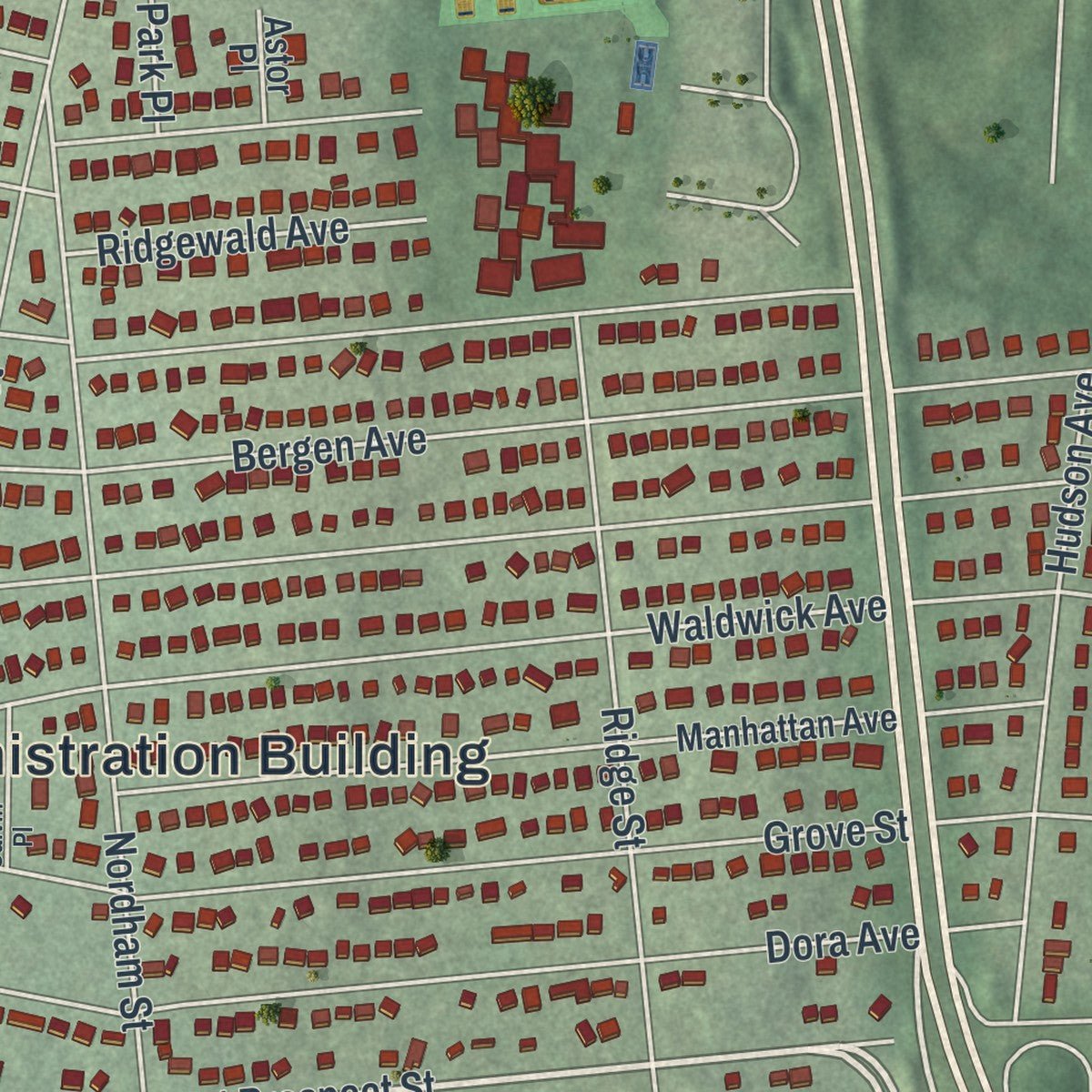 Close-up of the map of Waldwick, New Jersey print showing street and building detail
